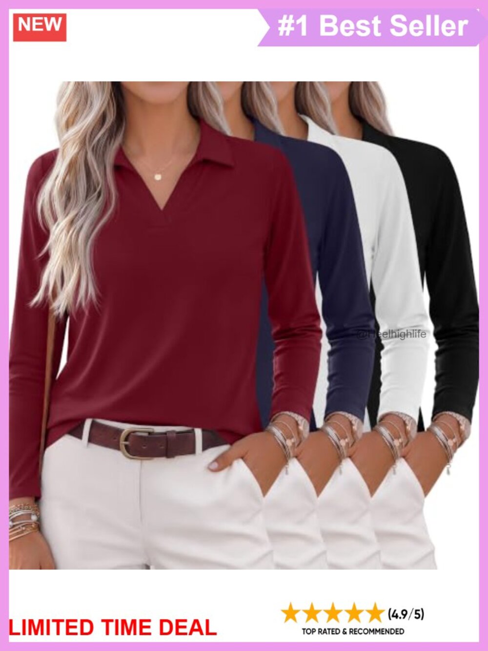 Women's Long Sleeve Polo Shirts 4 Pack Loose Fit V Neck Tunic Tops